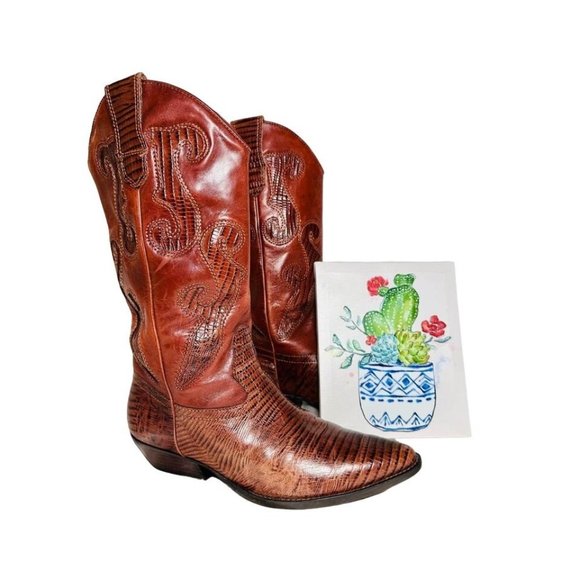 Nine West Shoes - Nine West Inlay Cowgirl Boot Women Brown Genuine Leather Boots Size 6.5